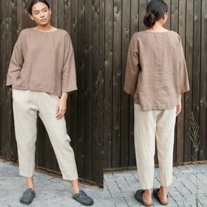 Linenfox Tan Tapered Leg Linen Trouser Pants Womens Size S